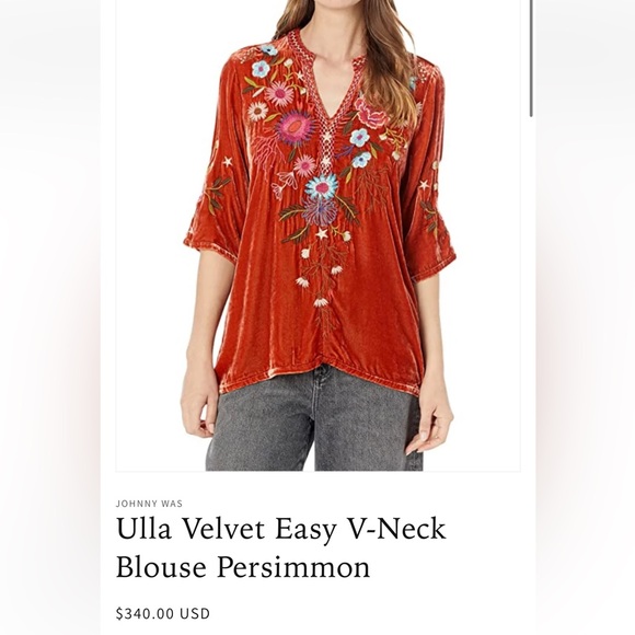 $340 JOHNNY WAS Ulla Persimmon Velvet Silk Floral Embroidered V-Neck Blouse L - Picture 2 of 12